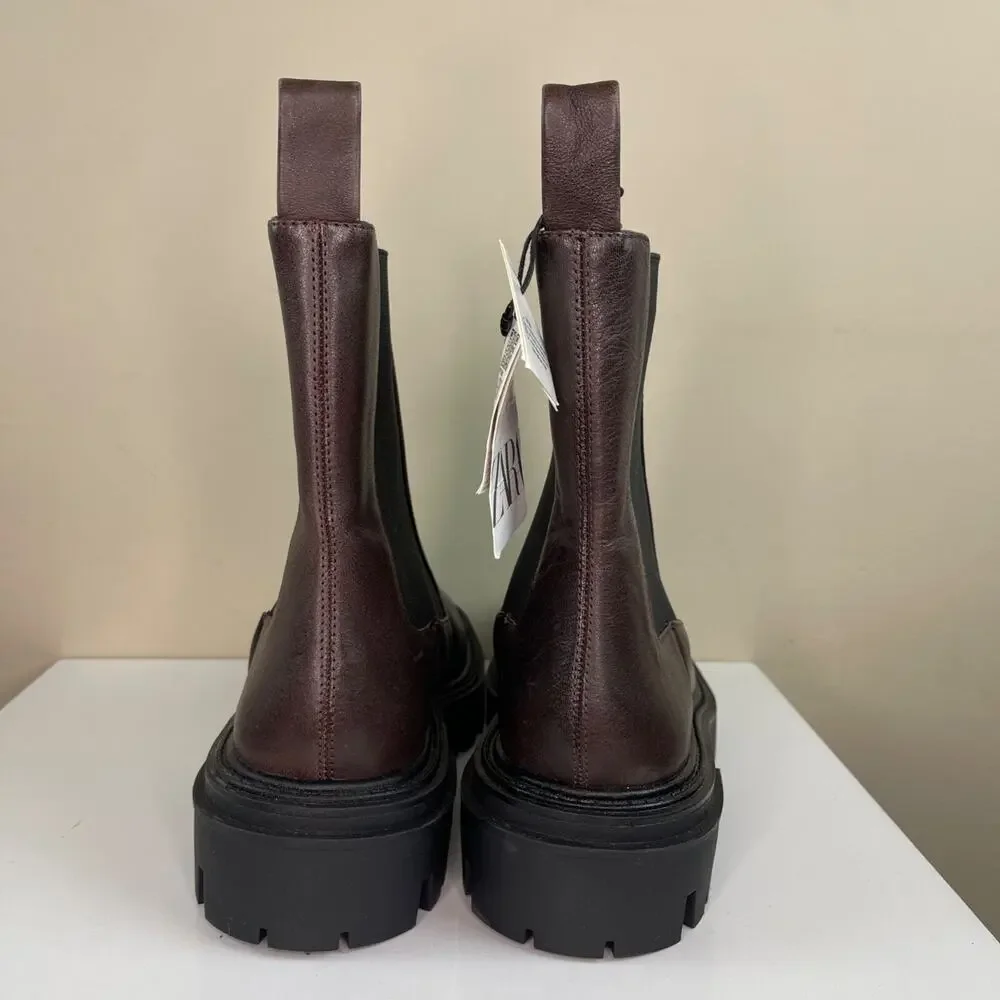 ZARA Brown Leather Ankle Boots Elastic Chunky Heel Track Sole Women 38 7.5 NEW